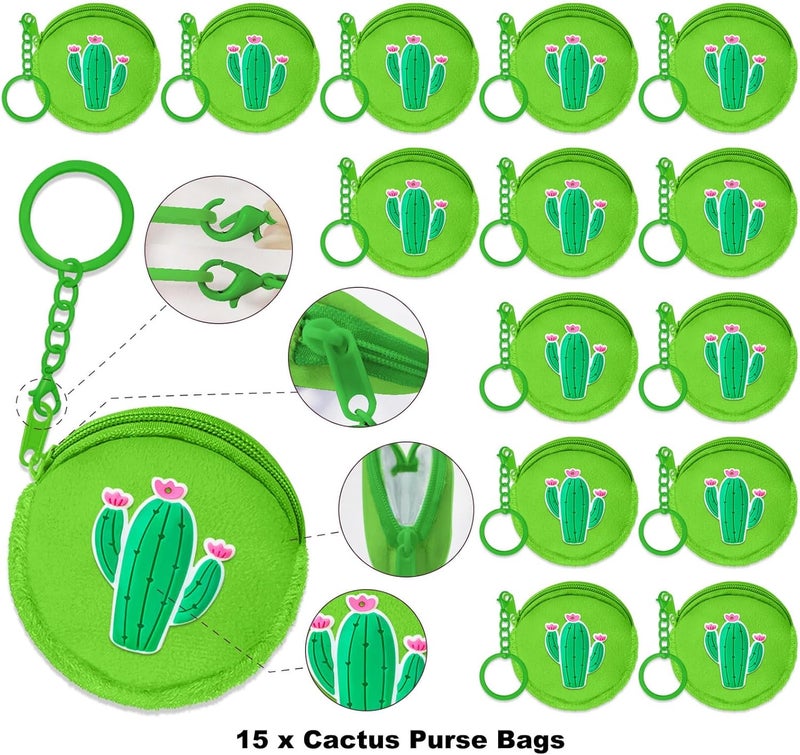 Elecrainbow 15 Pack Cactus Coin Purses with Keyring for Cactus Tropical Mexican Western Desert Hawaiian Summer Themed Party Decoration,Green - Image 2